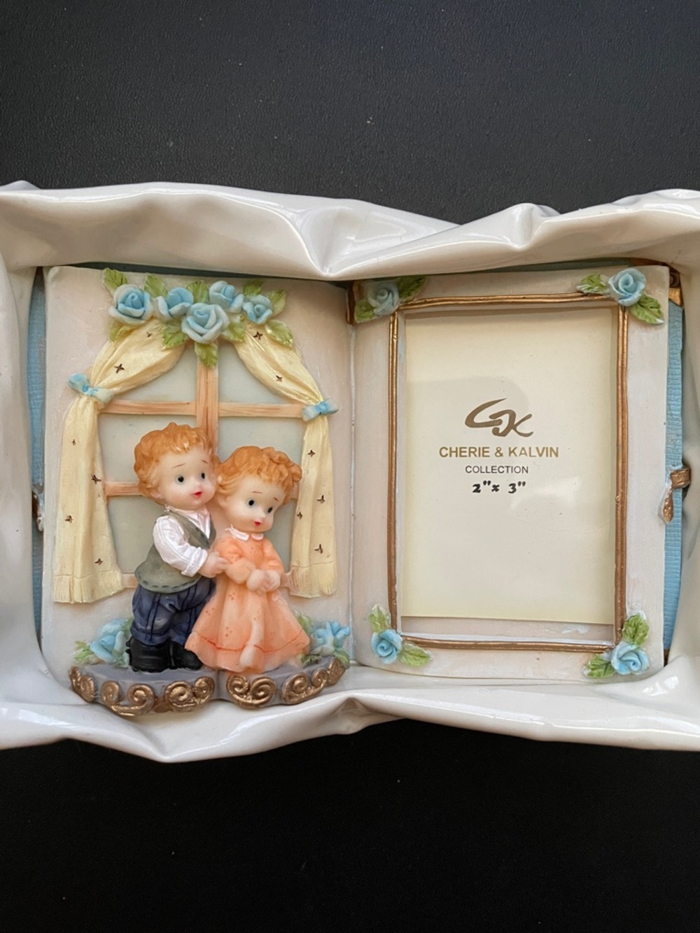 Blue Rose Double Picture Frame with Figurine